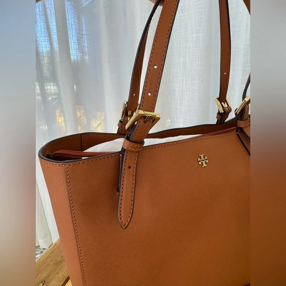 Tory Burch York Buckle Tote Bag Saffiano Tan Brown Purse Three Compartment